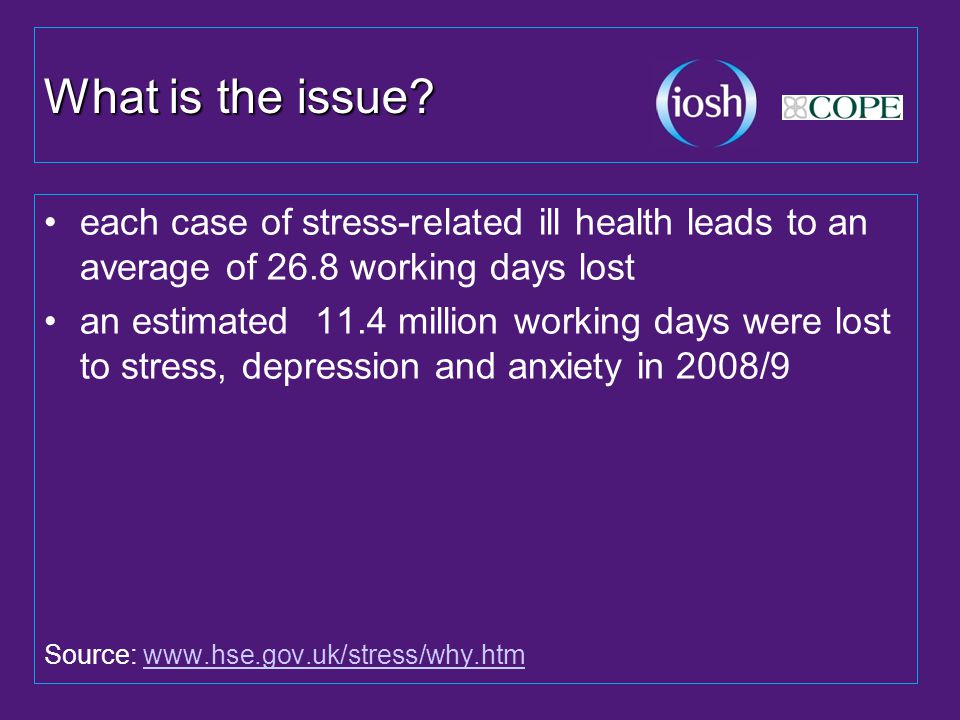 What is the issue each case of stress-related ill health leads to an average of 26.8 working days lost.