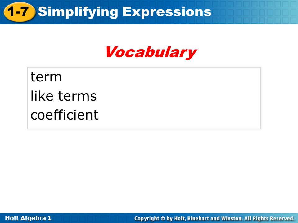 Vocabulary term like terms coefficient