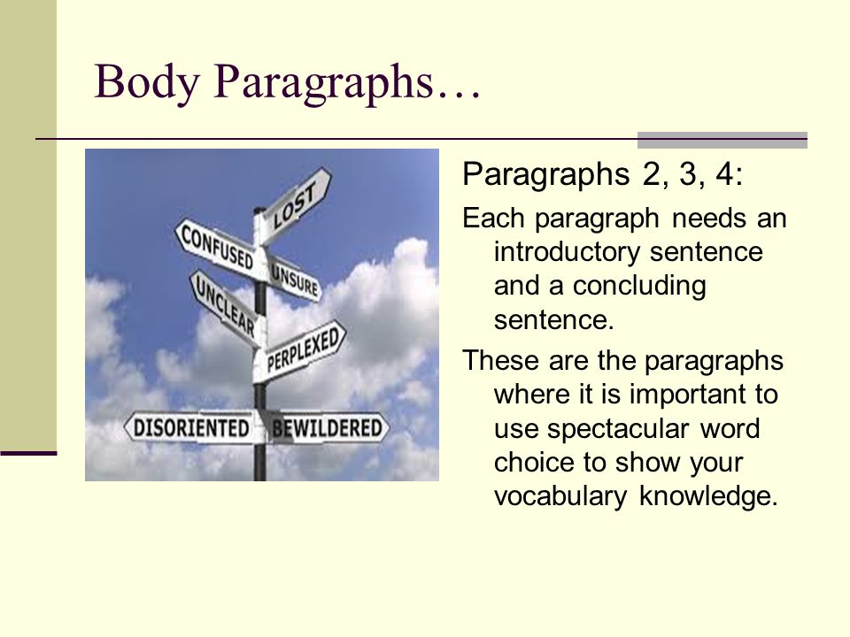 Body Paragraphs… Paragraphs 2, 3, 4: