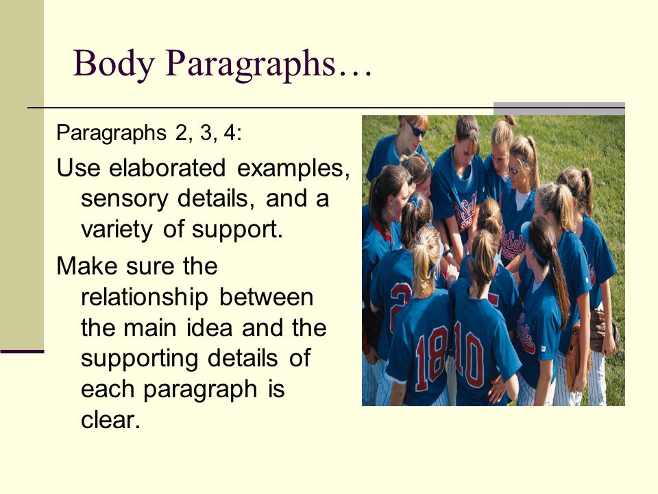 Body Paragraphs… Paragraphs 2, 3, 4: Use elaborated examples, sensory details, and a variety of support.