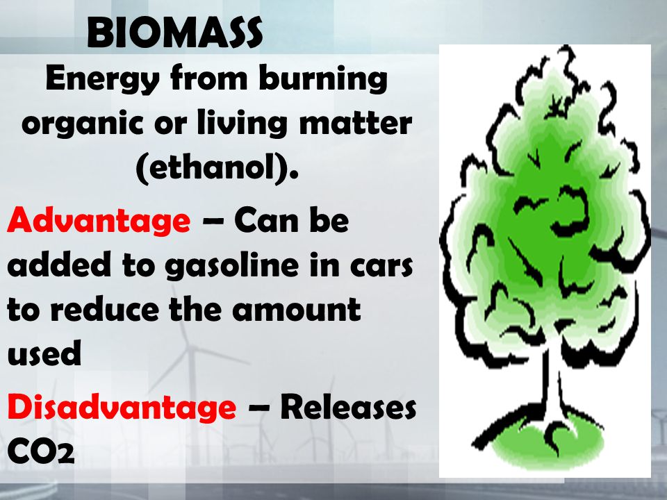 Energy from burning organic or living matter (ethanol).