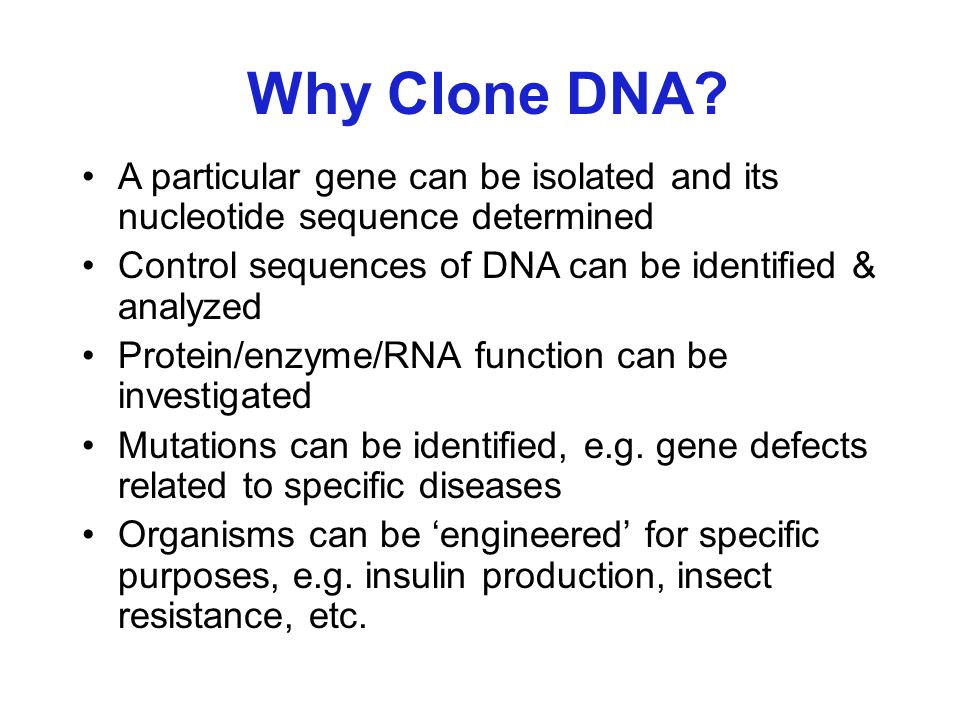 Why Clone DNA A particular gene can be isolated and its nucleotide sequence determined. Control sequences of DNA can be identified & analyzed.