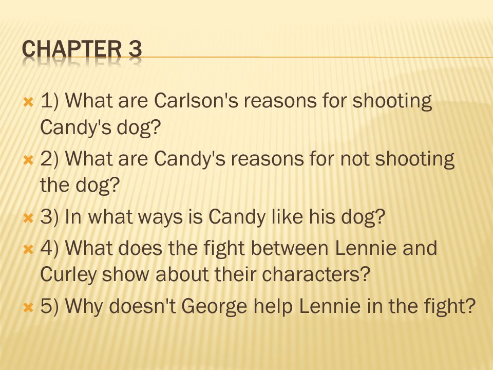 Chapter 3 1) What are Carlson s reasons for shooting Candy s dog