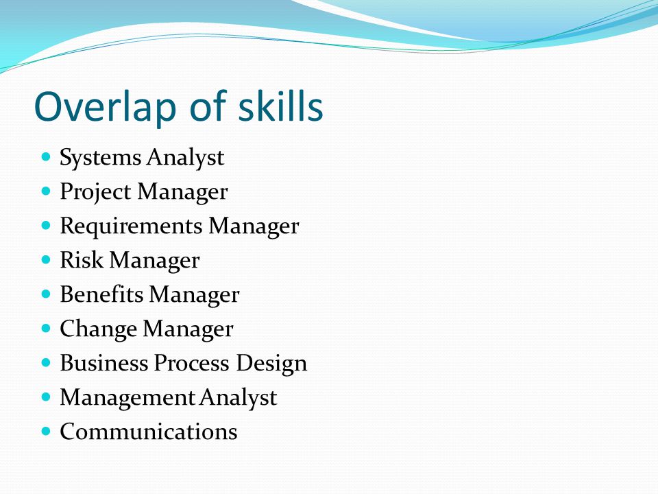 Overlap of skills Systems Analyst Project Manager Requirements Manager