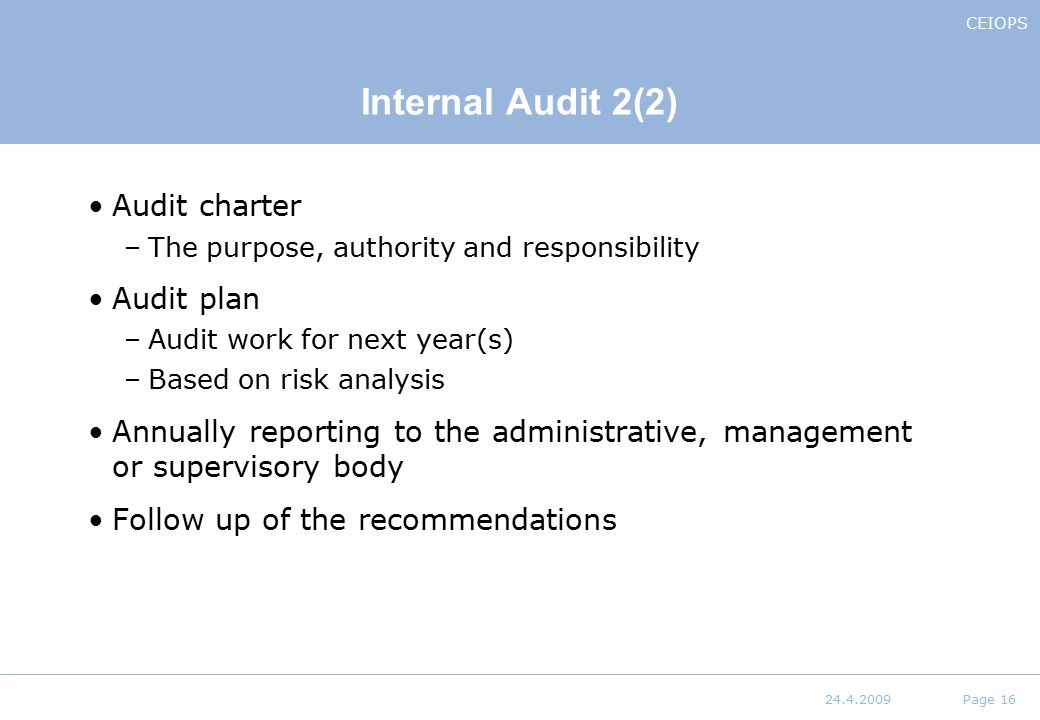 Internal Audit 2(2) Audit charter Audit plan