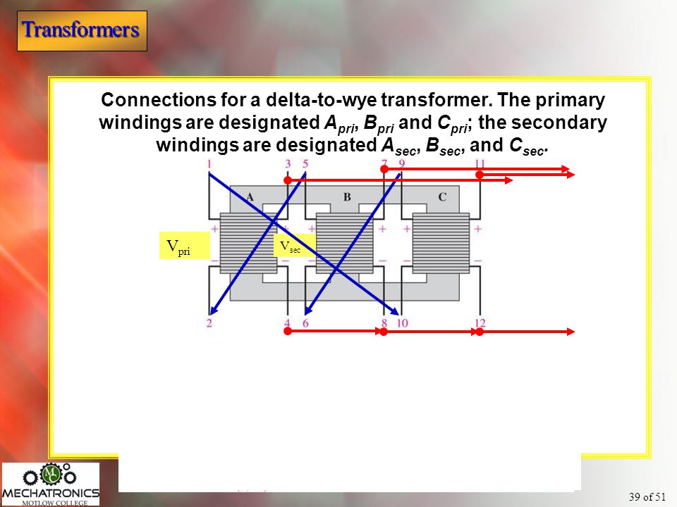 Connections for a delta-to-wye transformer