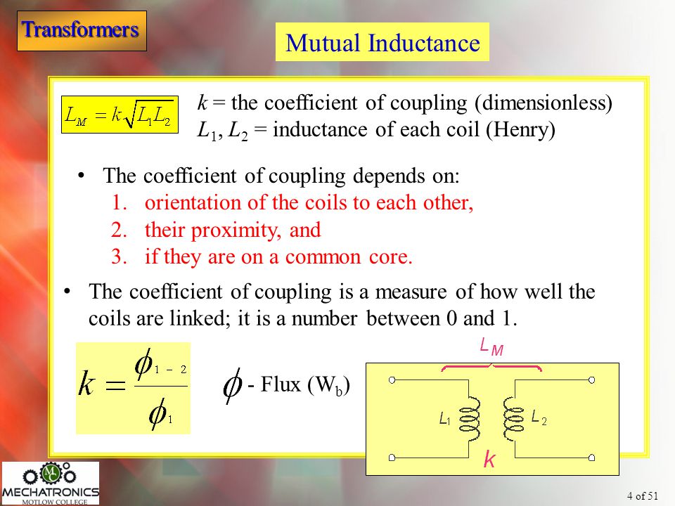 Mutual Inductance k = the coefficient of coupling (dimensionless)