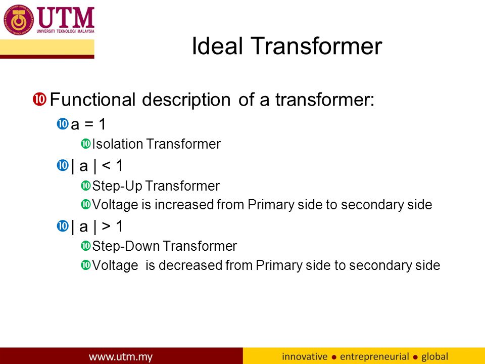 Ideal Transformer Functional description of a transformer: a = 1