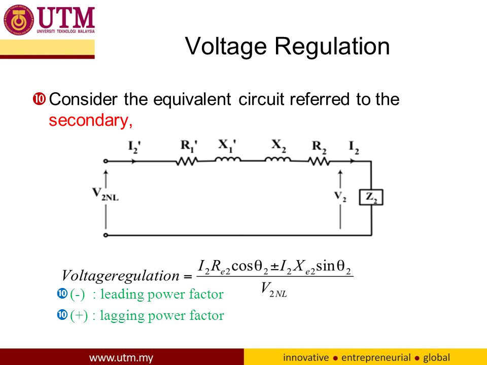 Voltage Regulation Consider the equivalent circuit referred to the secondary, (-) : leading power factor.