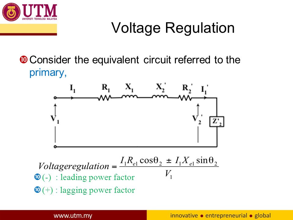 Voltage Regulation Consider the equivalent circuit referred to the primary, (-) : leading power factor.