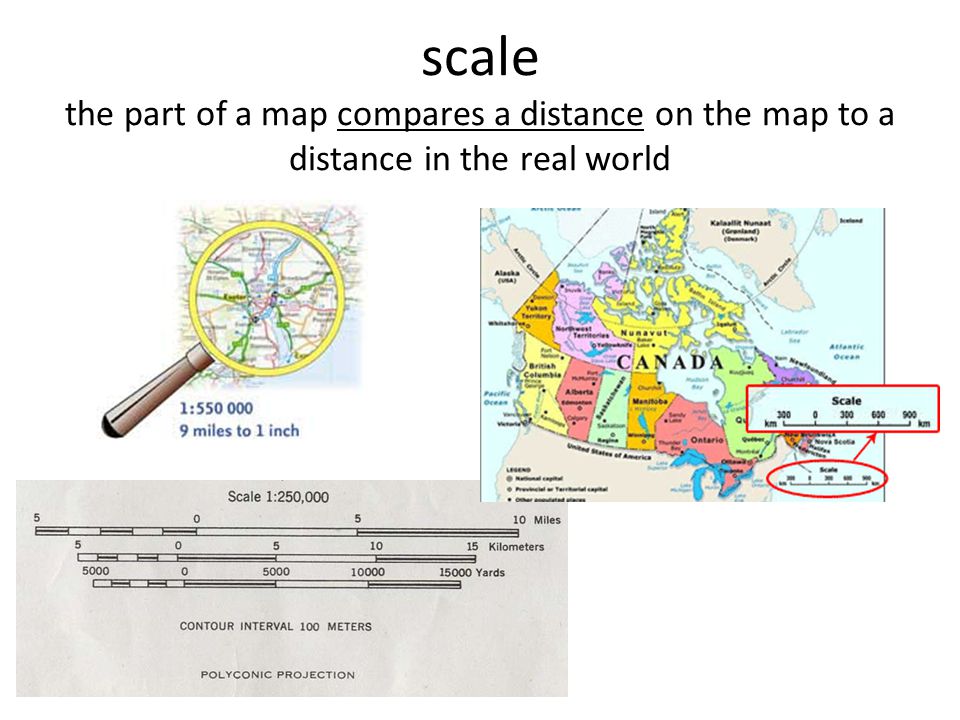 scale the part of a map compares a distance on the map to a distance in the real world