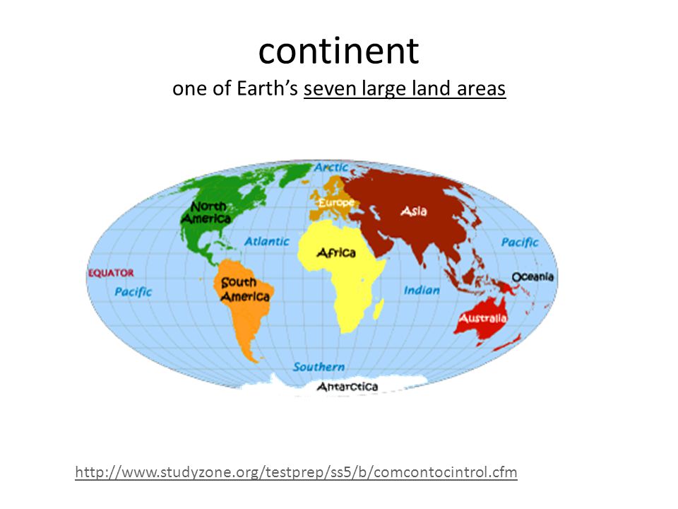 continent one of Earth’s seven large land areas