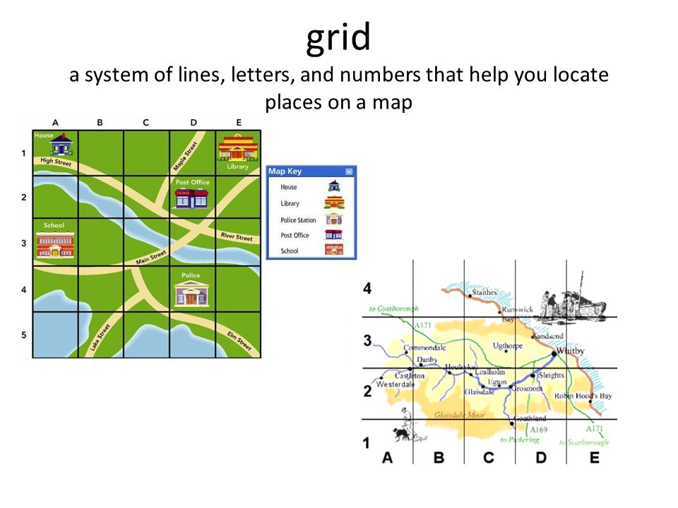 grid a system of lines, letters, and numbers that help you locate places on a map