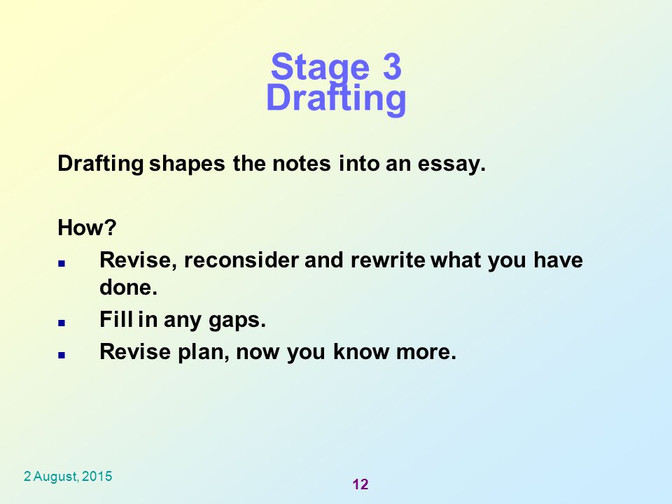 Stage 3 Drafting Drafting shapes the notes into an essay. How