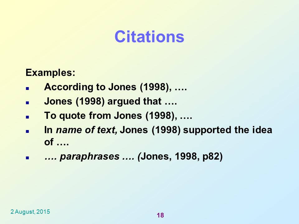Citations Examples: According to Jones (1998), ….