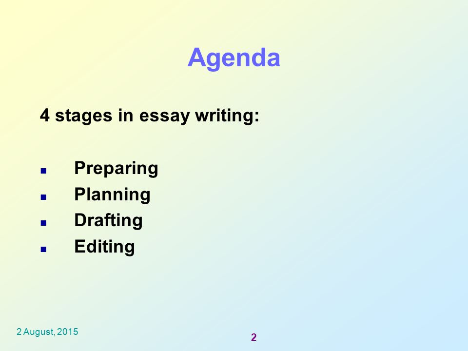Agenda 4 stages in essay writing: Preparing Planning Drafting Editing
