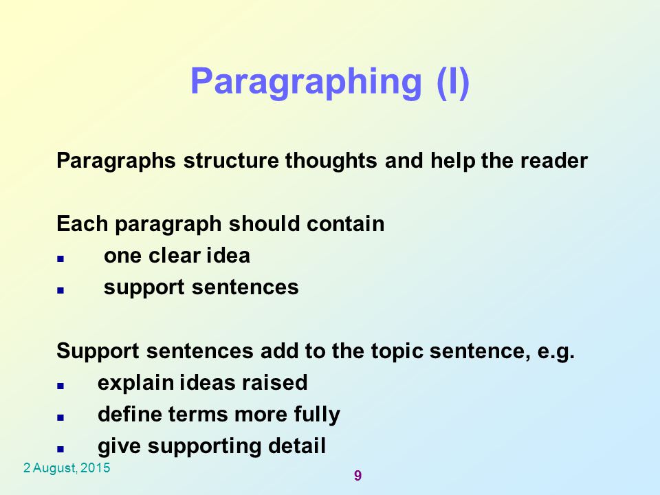 Paragraphing (I) Paragraphs structure thoughts and help the reader