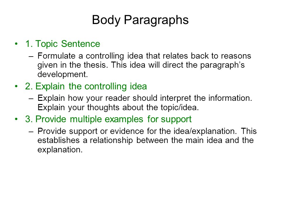 Body Paragraphs 1. Topic Sentence 2. Explain the controlling idea