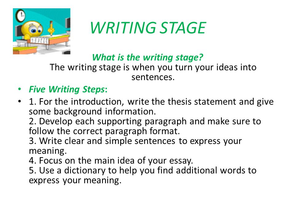 WRITING STAGE What is the writing stage The writing stage is when you turn your ideas into sentences.