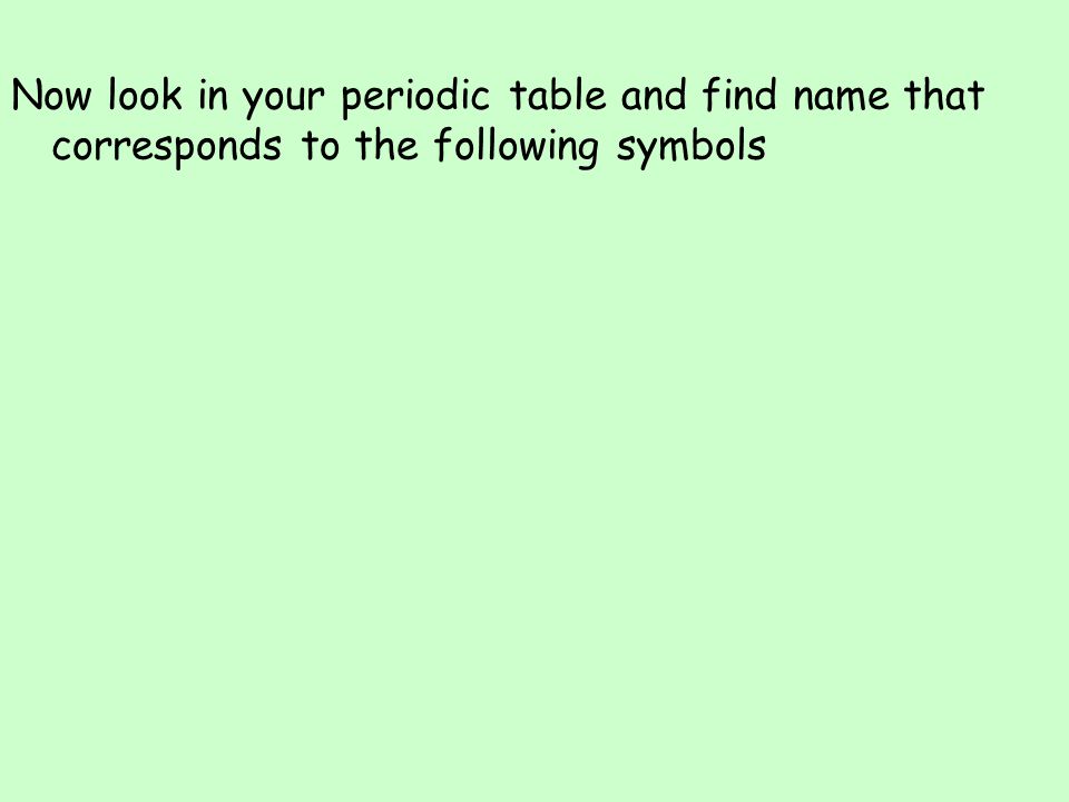Now look in your periodic table and find name that corresponds to the following symbols
