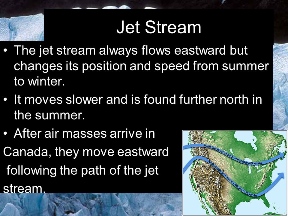 Jet Stream The jet stream always flows eastward but changes its position and speed from summer to winter.