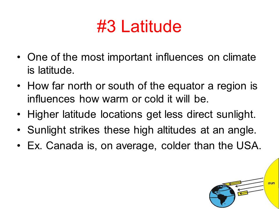 #3 Latitude One of the most important influences on climate is latitude.