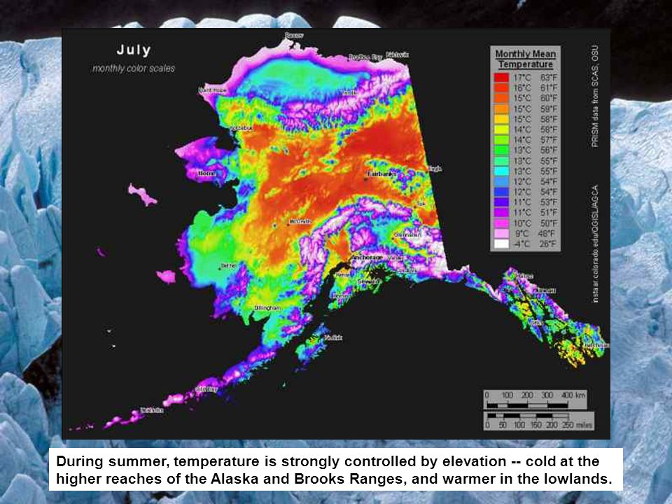 During summer, temperature is strongly controlled by elevation -- cold at the higher reaches of the Alaska and Brooks Ranges, and warmer in the lowlands.