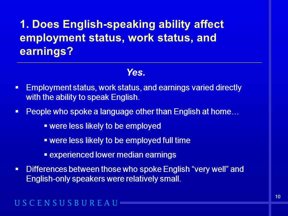 1. Does English-speaking ability affect employment status, work status, and earnings