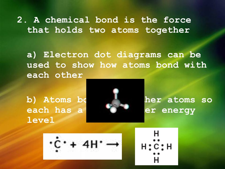 2. A chemical bond is the force that holds two atoms together a) Electron dot diagrams can be used to show how atoms bond with each other b) Atoms bond with other atoms so each has a stable outer energy level