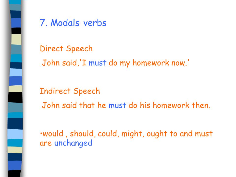 7. Modals verbs Direct Speech John said, I must do my homework now.