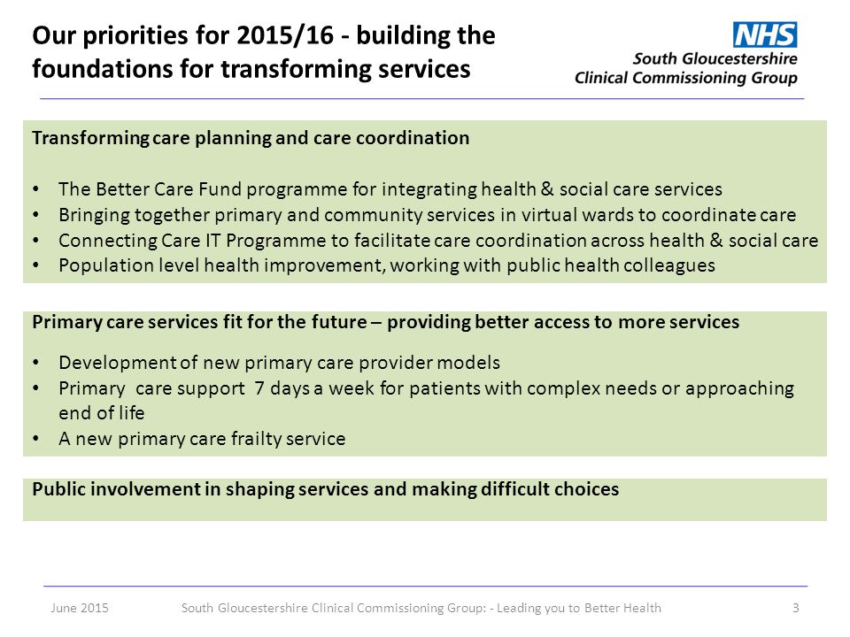 Our priorities for 2015/16 - building the foundations for transforming services