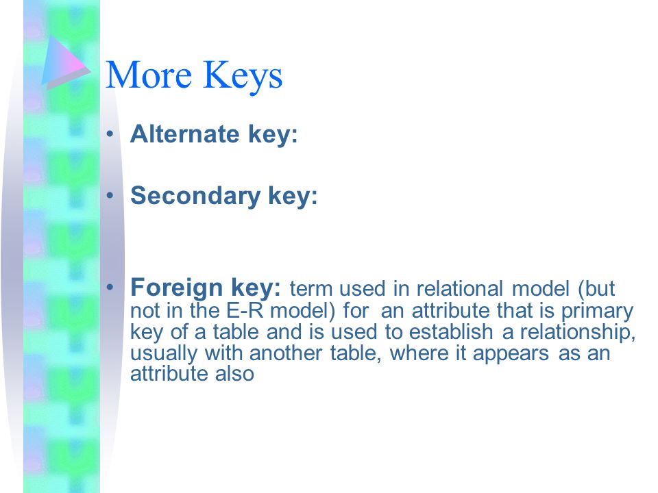 More Keys Alternate key: Secondary key: