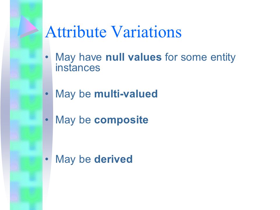 Attribute Variations May have null values for some entity instances