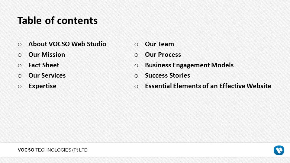 Table of contents About VOCSO Web Studio Our Mission Fact Sheet