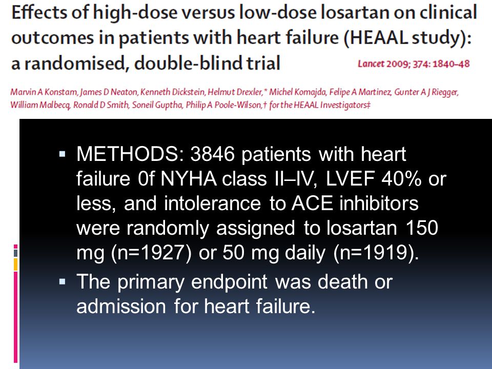 METHODS: 3846 patients with heart failure 0f NYHA class II–IV, LVEF 40% or less, and intolerance to ACE inhibitors were randomly assigned to losartan 150 mg (n=1927) or 50 mg daily (n=1919).