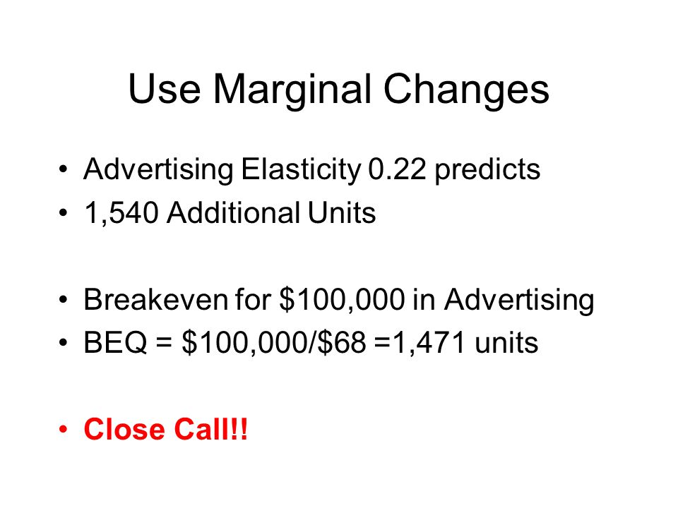 Use Marginal Changes Advertising Elasticity 0.22 predicts
