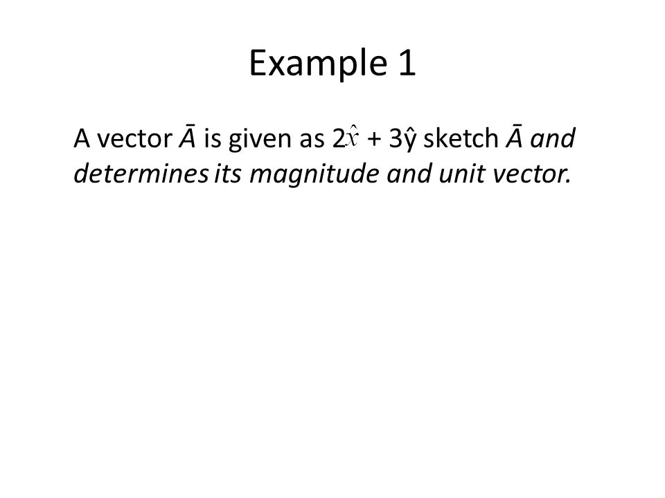 Example 1 A vector Ᾱ is given as 2 + 3ŷ sketch Ᾱ and determines its magnitude and unit vector.
