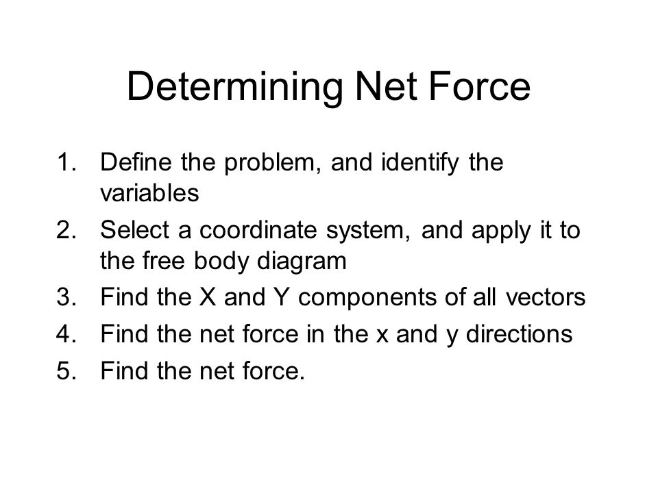 Determining Net Force Define the problem, and identify the variables