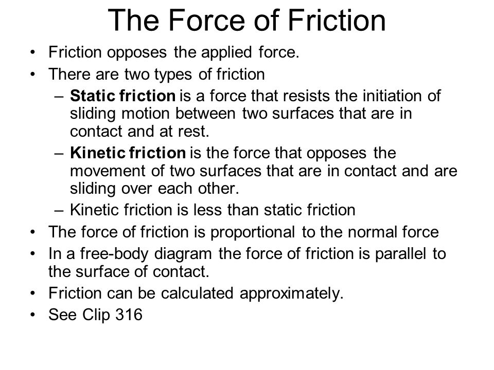 The Force of Friction Friction opposes the applied force.