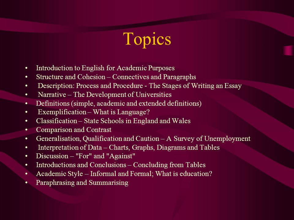 Topics Introduction to English for Academic Purposes
