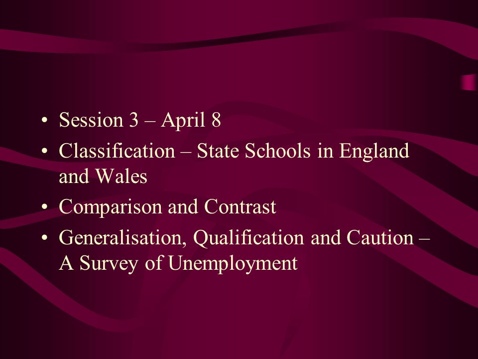 Session 3 – April 8 Classification – State Schools in England and Wales. Comparison and Contrast.