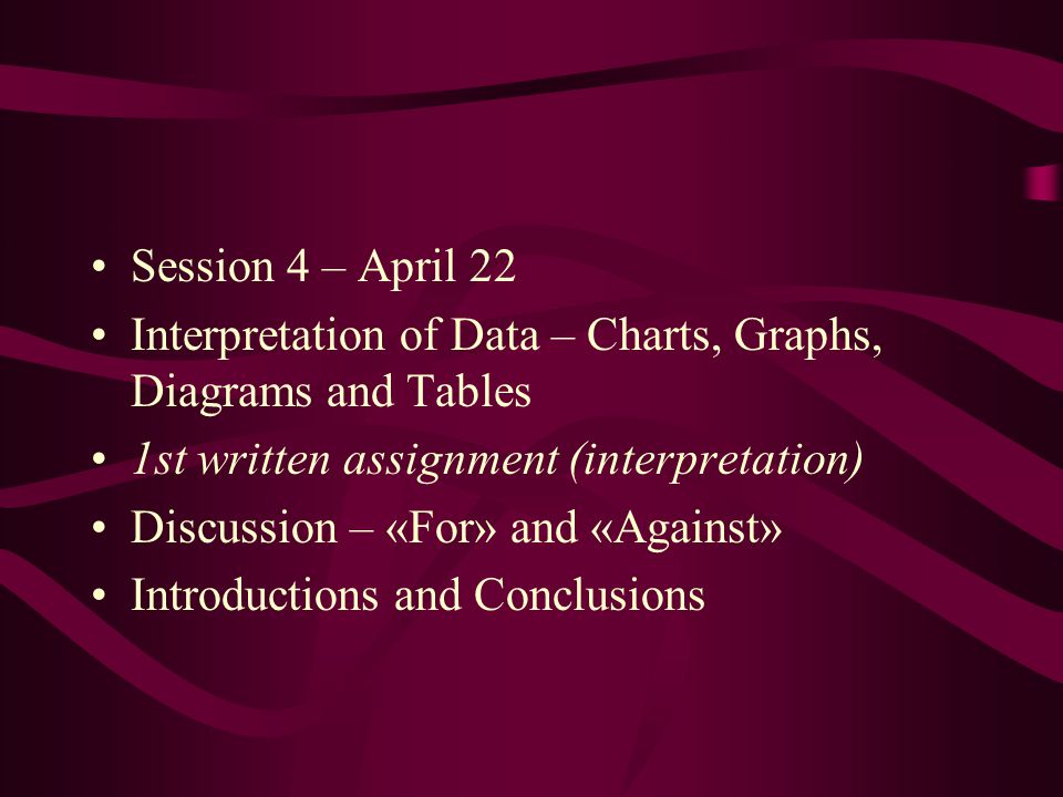 Session 4 – April 22 Interpretation of Data – Charts, Graphs, Diagrams and Tables. 1st written assignment (interpretation)
