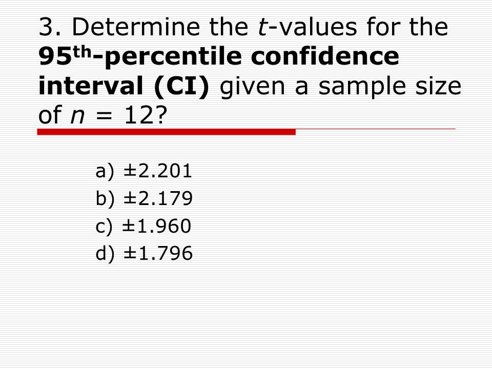 3. Determine the t-values for the 95th-percentile confidence interval (CI) given a sample size of n = 12