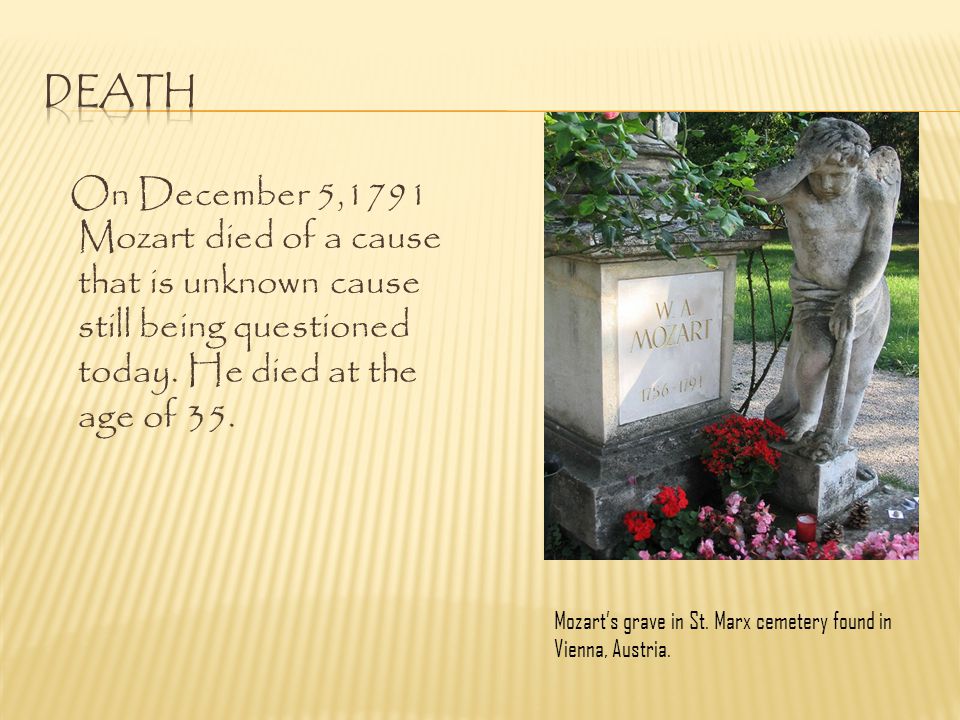 Death On December 5,1791 Mozart died of a cause that is unknown cause still being questioned today. He died at the age of 35.