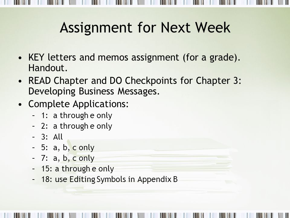 Assignment for Next Week