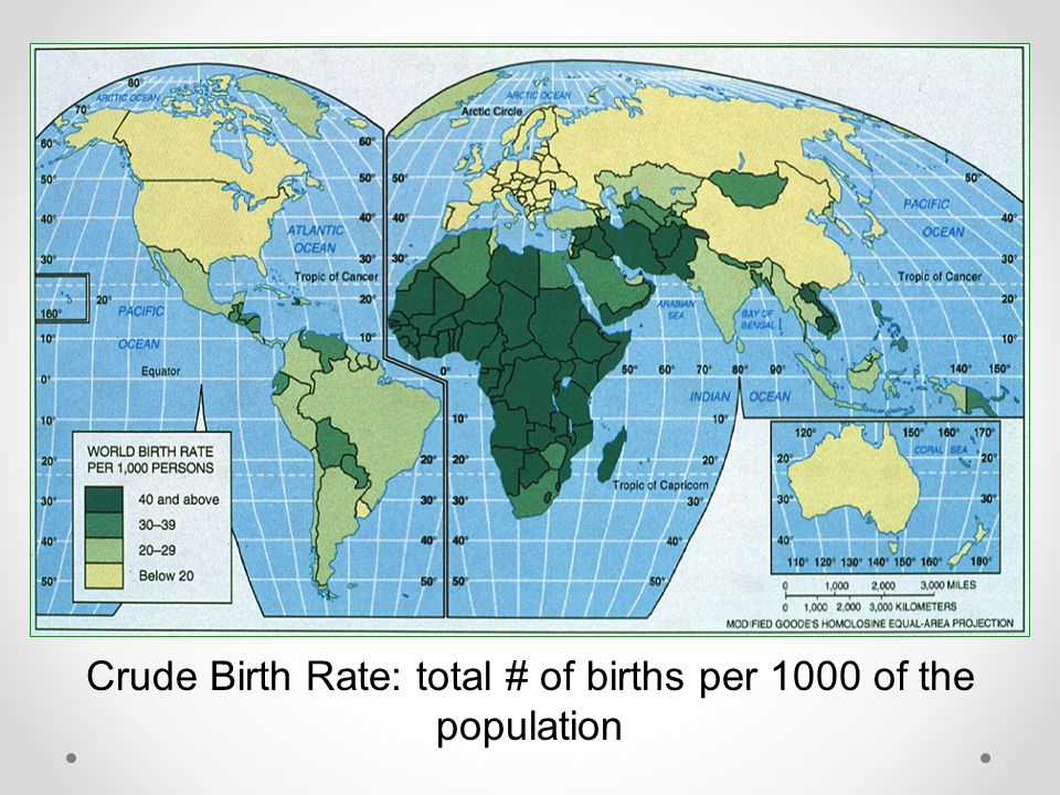 Crude Birth Rate: total # of births per 1000 of the population