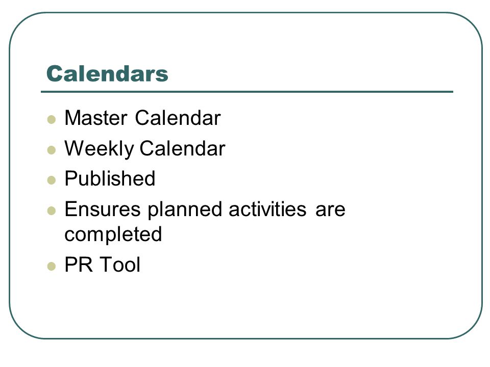 Calendars Master Calendar Weekly Calendar Published