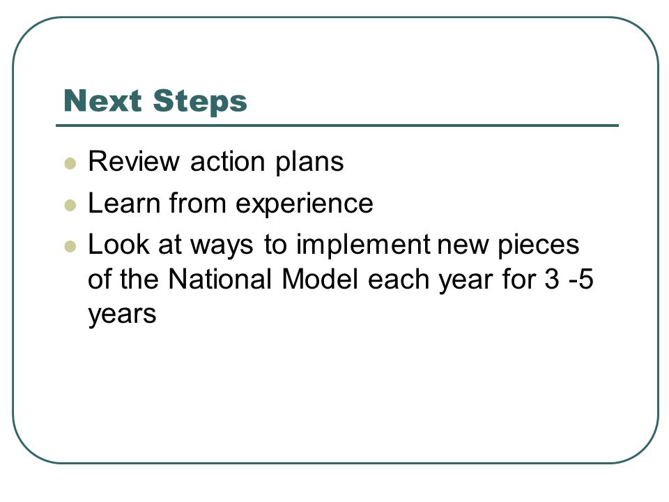 Next Steps Review action plans Learn from experience