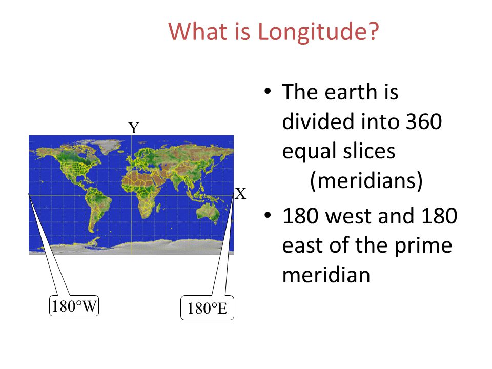 What is Longitude The earth is divided into 360 equal slices (meridians) 180 west and 180 east of the prime meridian.