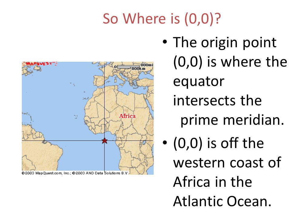 So Where is (0,0) The origin point (0,0) is where the equator intersects the prime meridian.